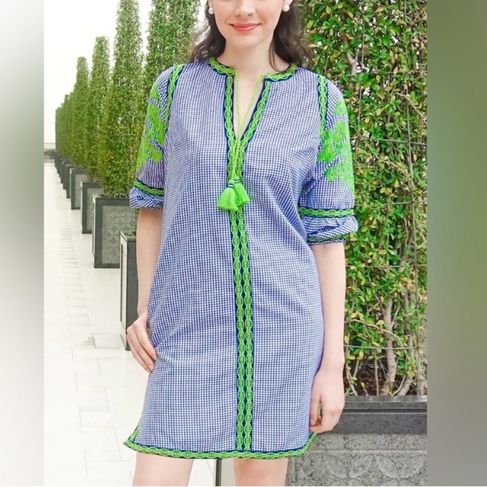 Gretchenen Scott gingham embroidered tassel tie dress blue green 20315